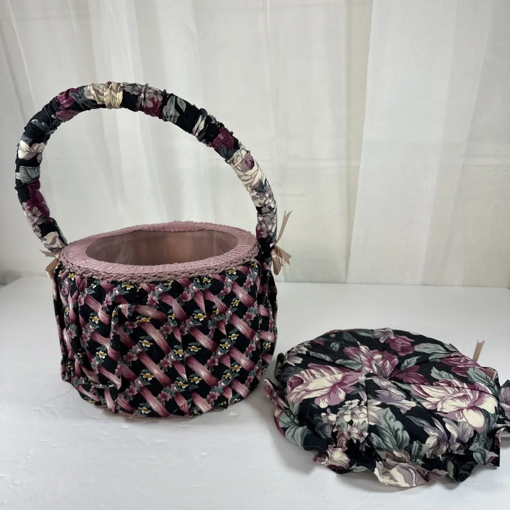 Vintage Fabric Sewing Box With Handle Floral Storage Black Purple Pink Green